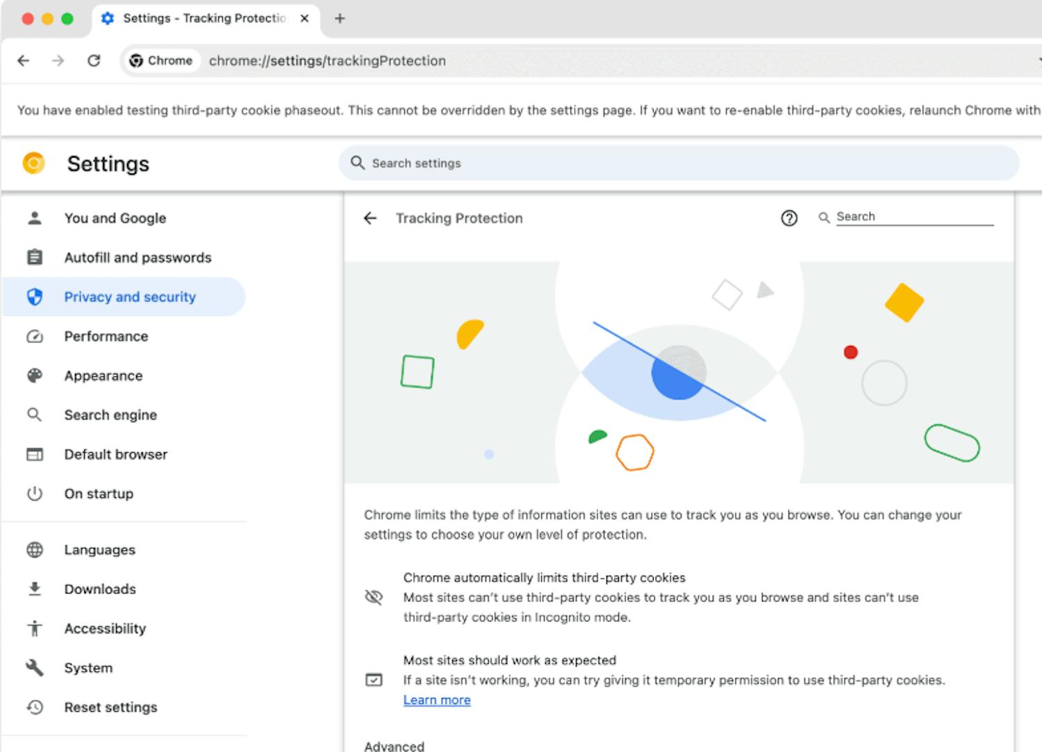 Tracking Protection: Asetusikkuna näyttää tältä, jos kuulut Googlen valitsemiin käyttäjiin ja kaikki seurantaevästeet on estetty selaimessasi.